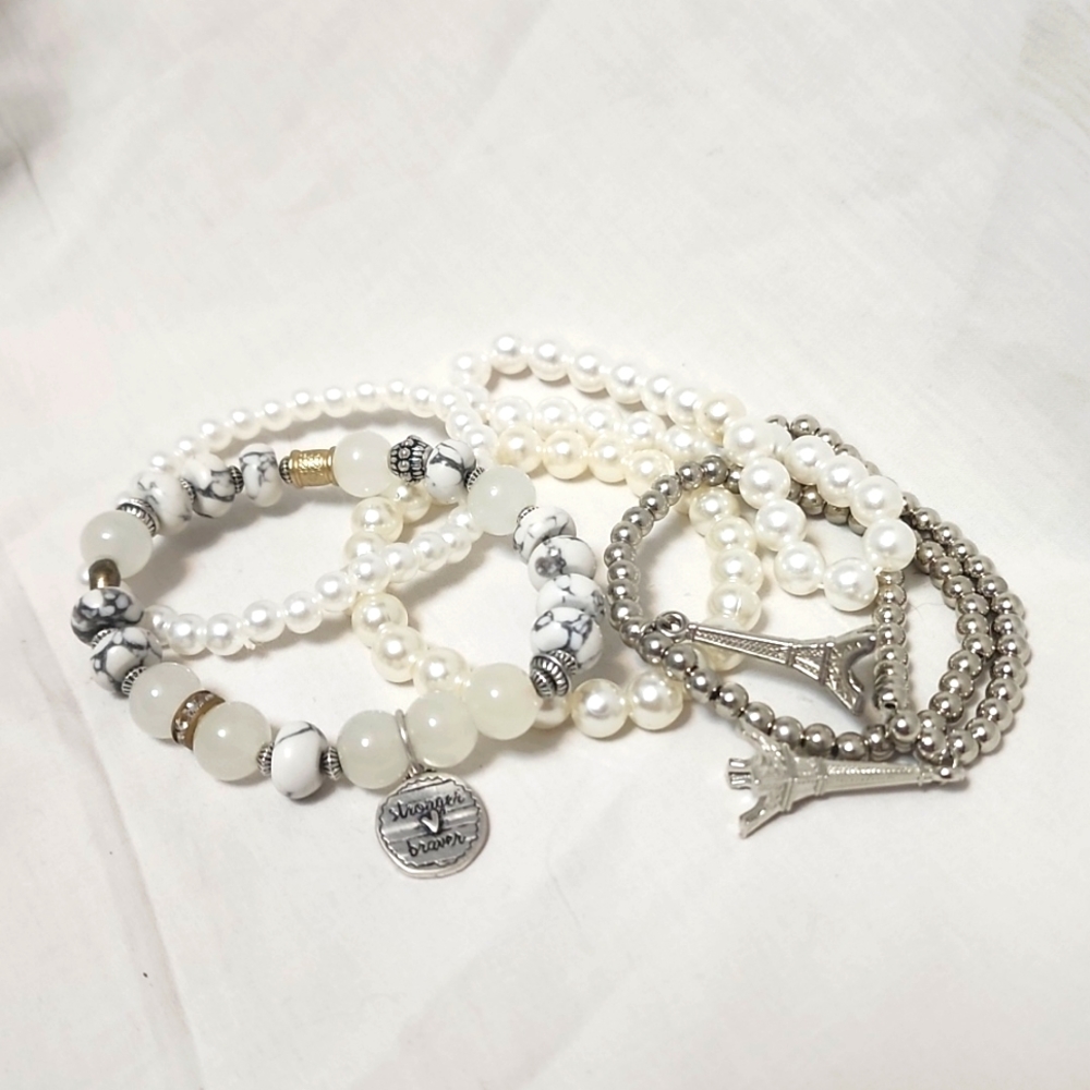 Sliver Pearl Charm Bracelet Set